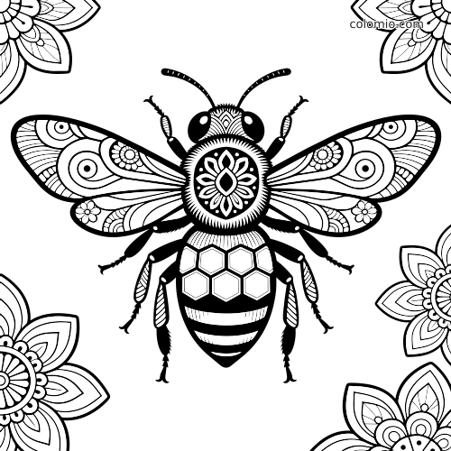 Sort-hvid illustration af en detaljeret zentangle-bi med mønstrede vinger, blomsterdetaljer og mandalablomster i hjørnerne.