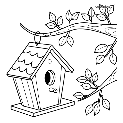 Een gedetailleerd vogelhuisje met geschulpt dak hangt aan een tak met bladeren in een zwart-witte lijntekening.