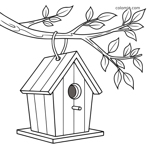 Een eenvoudig vogelhuisje hangt aan een boomtak met bladeren, getekend in strakke zwarte lijnen met weinig details.