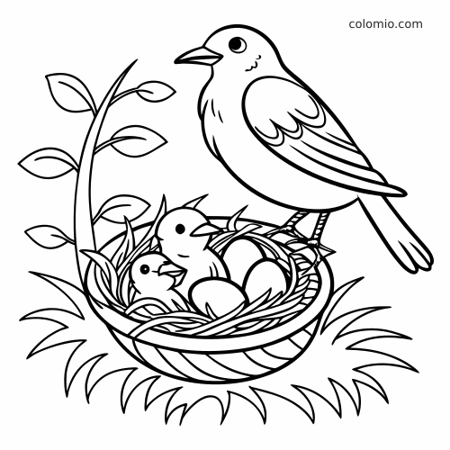 Lijntekening van een vogel op een nest met eieren en twee kuikens, naast een plant met bladeren.