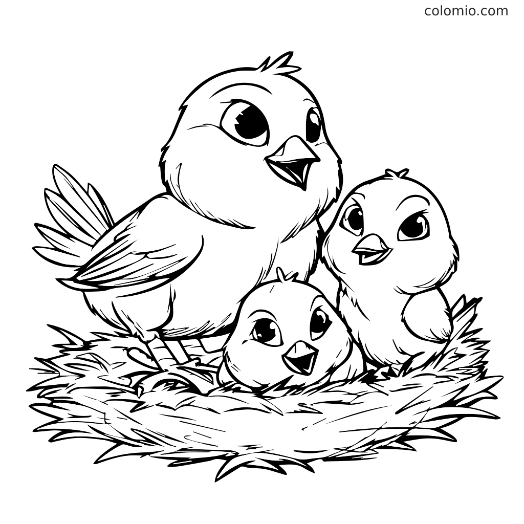 Pagina da Colorare Nido di Uccelli Carino per Bambini Una pagina da colorare con una madre uccello e due pulcini in un nido, pronti per essere colorati.
