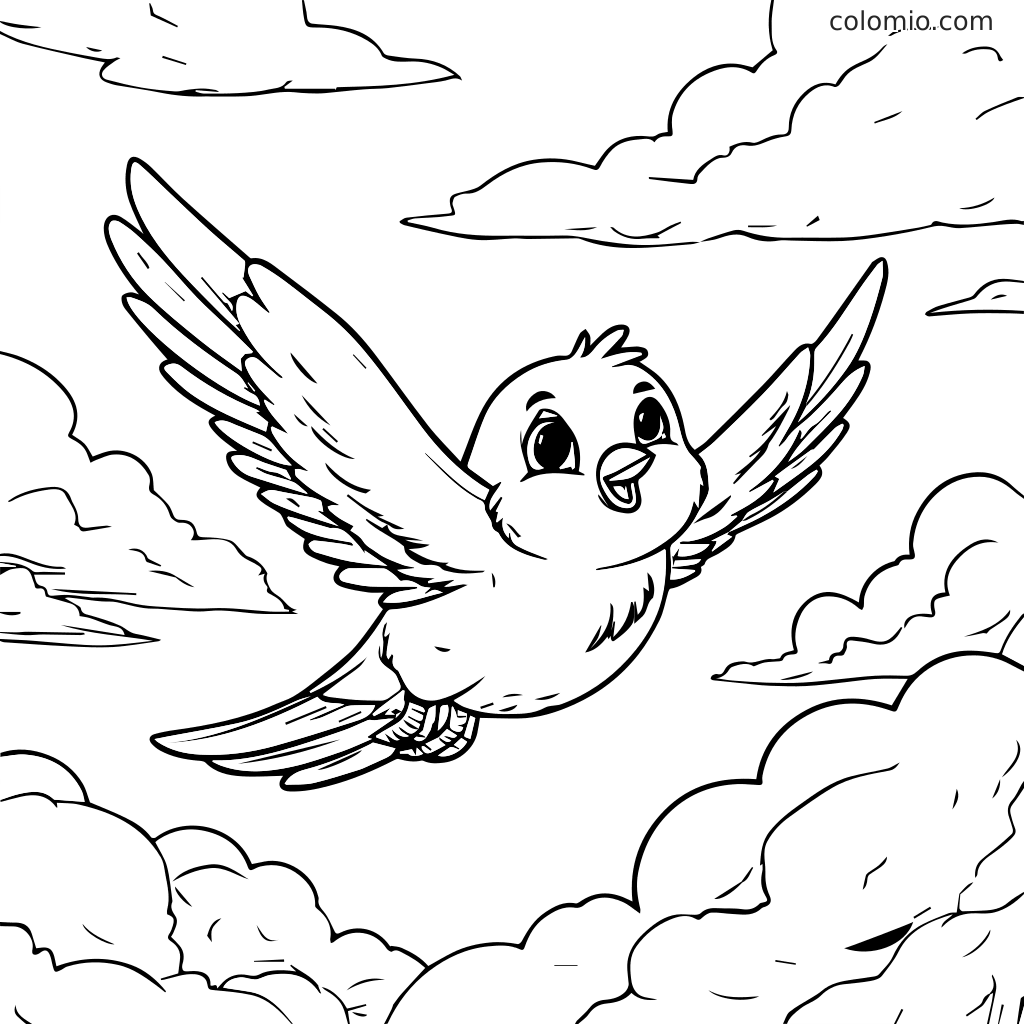 En glad fugl med udstrakte vinger, der flyver i himlen omgivet af fluffy skyer, klar til at farvelægge.