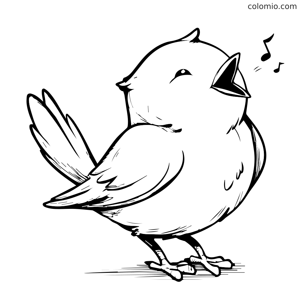 Um pássaro de desenho animado fofo cantando com notas musicais, ideal para atividades de colorir.