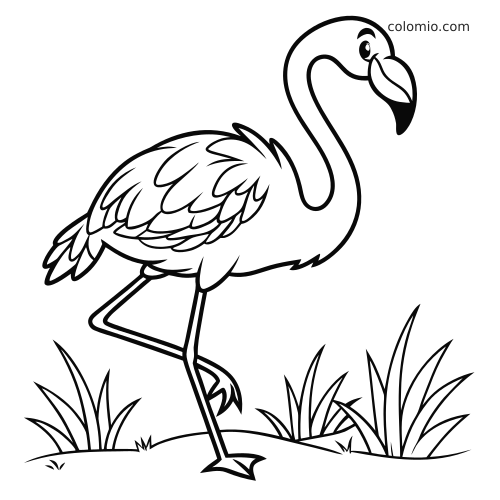 Um flamingo em estilo de desenho animado, em preto e branco, parado sobre uma perna com tufos de grama ao redor.