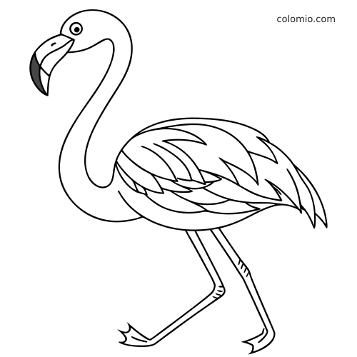 Een eenvoudige zwart-witte contourtekening van een flamingo met gelaagde vleugelveren, lange nek en lange poten.