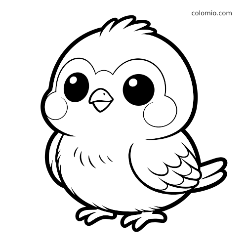 Een kawaii vogel met grote ogen, ronde wangetjes en pluizige veren in een eenvoudige zwart-witte tekenstijl.