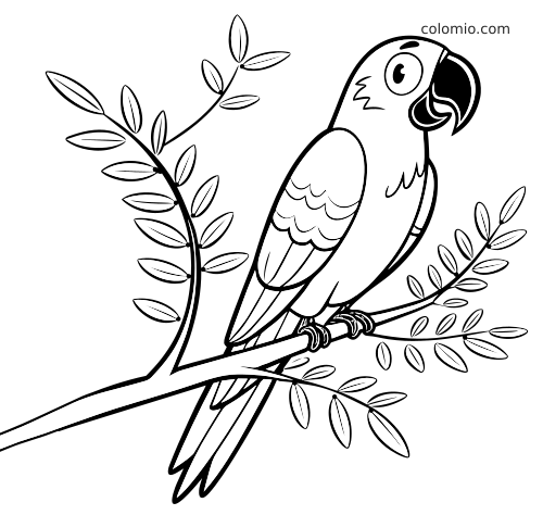 Een cartoonachtige ara-papegaai zit in zijaanzicht op een dunne tak met blaadjes, met grote ogen en duidelijke contouren.