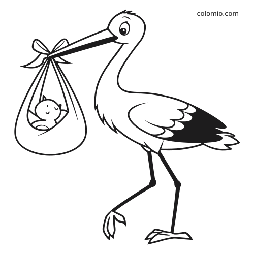 Een cartoonachtige ooievaar draagt een baby in een vastgeknoopte doek met strik, gezien van opzij.