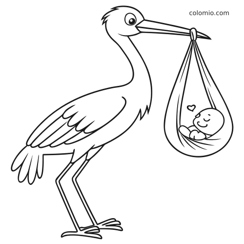 Eenvoudige lijntekening van een ooievaar die een slapende baby draagt in een doek die aan zijn snavel hangt.