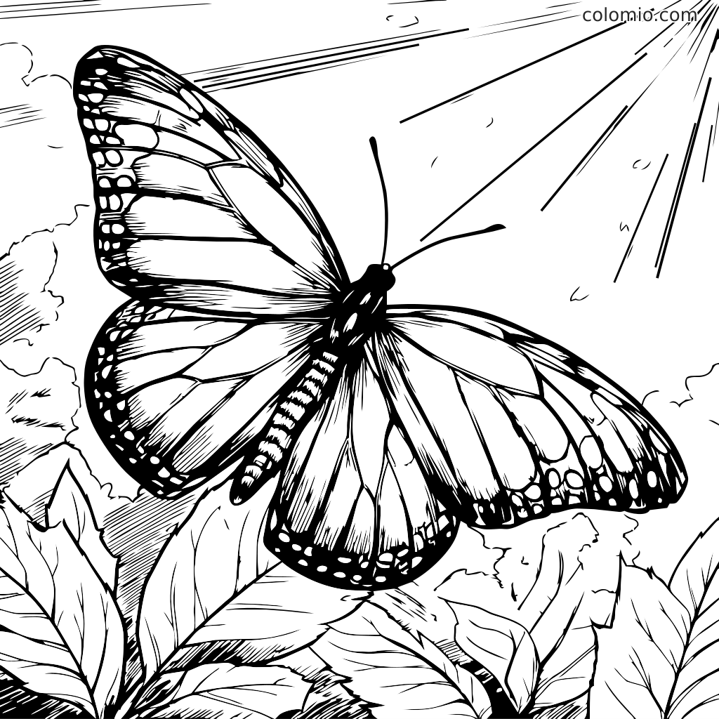 Mustavalkoinen värityssivu, jossa on perhonen lehtien ja auringonvalon keskellä.