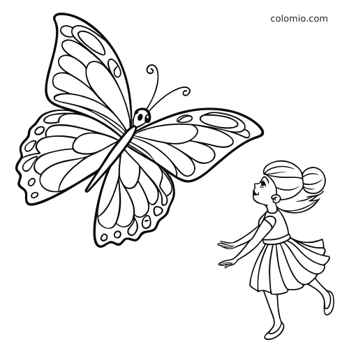 Suuri kuvioitu perhonen lentää mekkopukuisen keijutytön vieressä yksinkertaisena mustavalkoisena ääriviivapiirroksena.