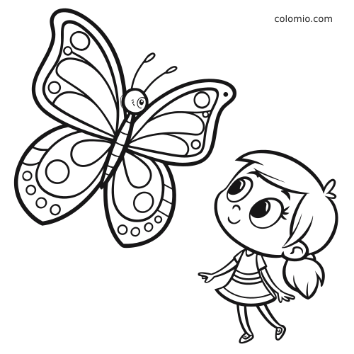 Mustavalkoisessa ääriviivakuvassa pikkutyttö katsoo ylöspäin suurta perhosta, jonka siivissä on koristeellisia kuvioita.