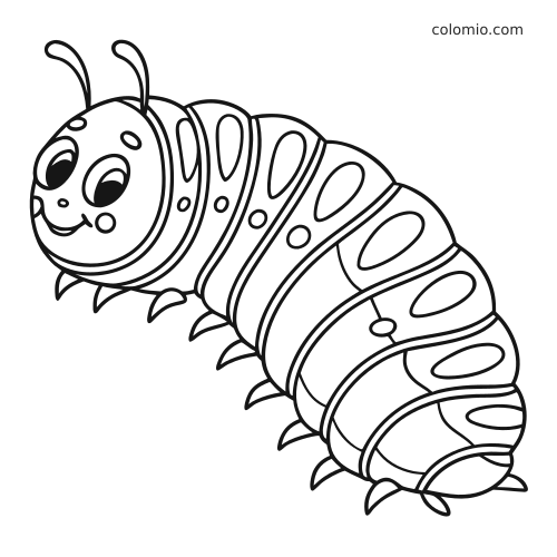 Yksinkertainen sarjakuvamainen pilkkutoukka lähikuvassa, suuret silmät, tuntosarvet ja pilkulliset ruumiinjaokkeet.