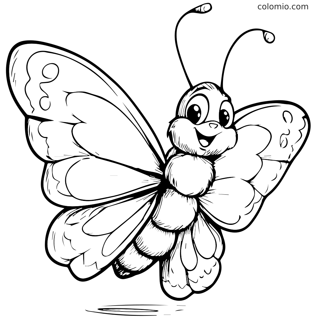 Un papillon cartoon joyeux avec de grands yeux et un visage souriant, prêt à être colorié.