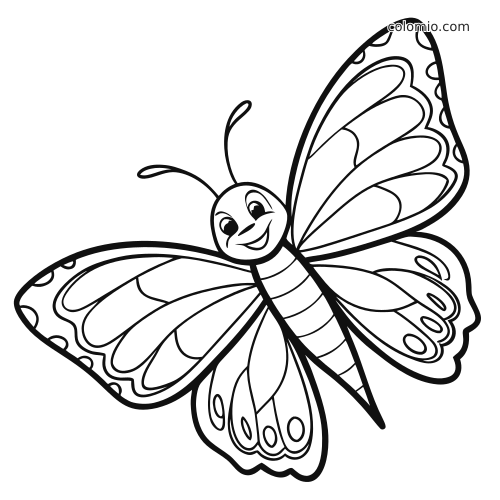 Hymyilevä kawaii-perhonen, jolla on suuret kuvioidut siivet ja selkeä sarjakuvamainen ääriviivapiirros väritettäväksi.