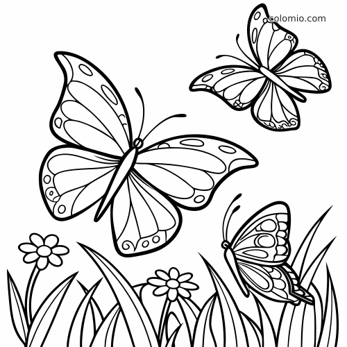 Kolme perhosta lentää kukkien ja korkean ruohon yllä puutarhamaisemassa, piirretty paksuin mustin ääriviivoin.