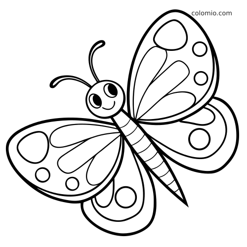 Hyvin yksinkertainen perhonen, jolla on hymyilevät kasvot, suuret silmät ja pyöreitä kuvioita siivissä paksuin mustin ääriviivoin.