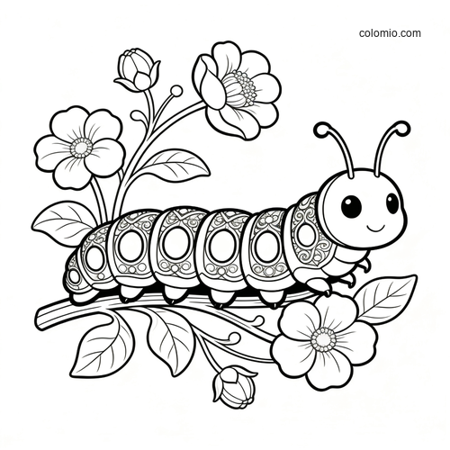 A smiling caterpillar with art nouveau patterned segments crawling on a branch among blooming flowers and leaves.