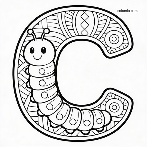 A large uppercase letter C filled with patterns and a smiling cartoon caterpillar wrapped along the inside edge.