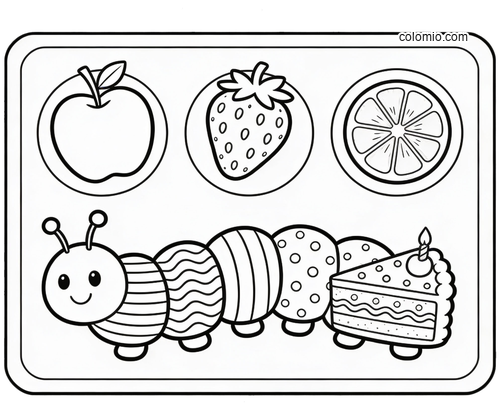 A cute cartoon caterpillar made of patterned body segments with a cake slice below fruit icons on a birthday placemat.
