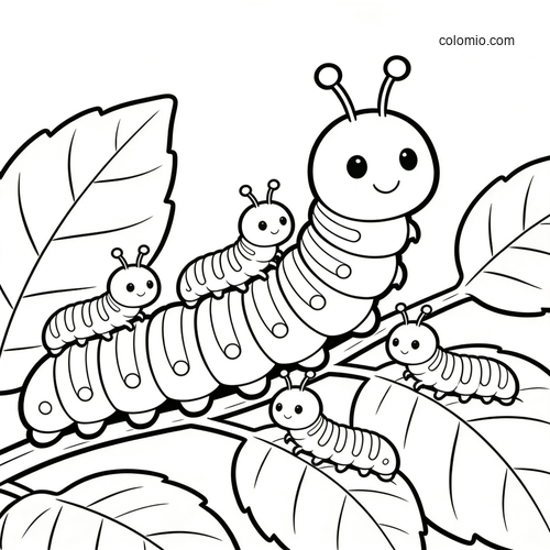 A cute cartoon caterpillar family with one large parent and several small caterpillars crawling on leafy garden branches.