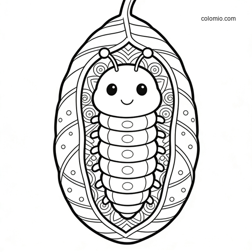 A cute smiling caterpillar inside an open cocoon with simple decorative patterns and bold black outlines.