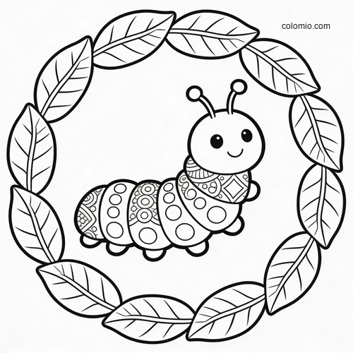 A cute patterned caterpillar with a smiling face sits inside a circular ring of leaves in a simple black and white design.