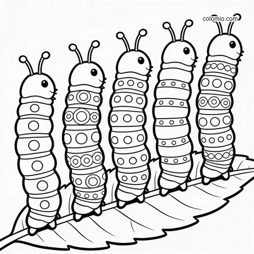 Five patterned caterpillars lined up in single file on a leaf in a simple black-and-white cartoon style.