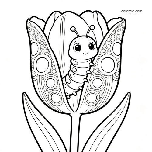 A cute smiling caterpillar peeks out from inside a tulip-like flower with patterned petals in a simple black-and-white line drawing.