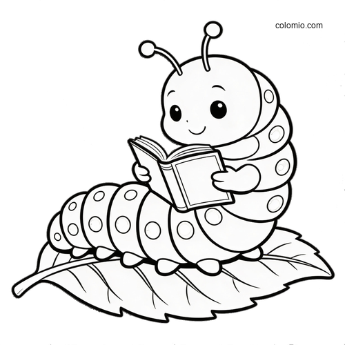 A cute cartoon caterpillar sitting on a leaf and reading an open book, drawn in a simple black and white style.