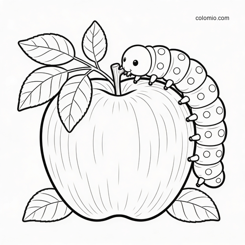 Black-and-white coloring page of a cute spotted caterpillar crawling over a large apple with leaves.