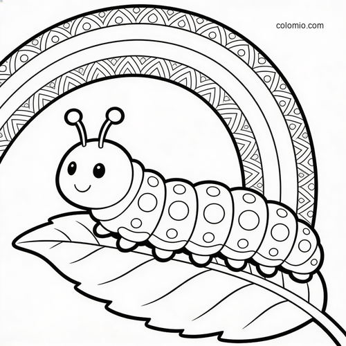 A cute cartoon caterpillar with spotted segments resting on a leaf beneath a large patterned rainbow.