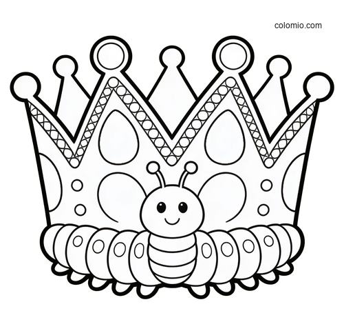 A cute cartoon caterpillar forms the base of a large jeweled crown in a simple black and white build-style outline.