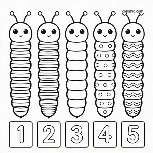 Black-and-white counting worksheet with five smiling caterpillars above the numbers 1 to 5, each with a different body pattern.