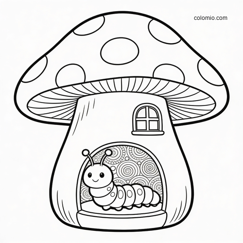 A cute cartoon caterpillar sits inside a mushroom house with a spotted cap, small window, and patterned doorway.