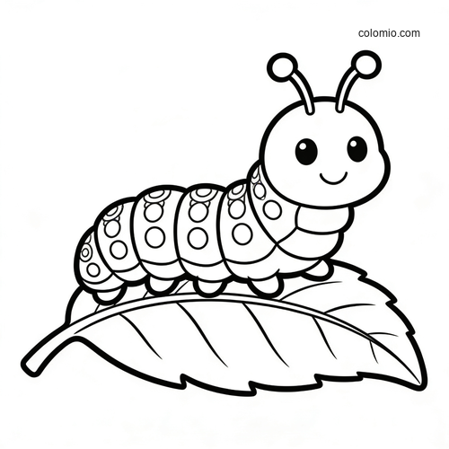 A cute cartoon caterpillar with big eyes and patterned segments resting on a single leaf in a simple black-and-white outline.