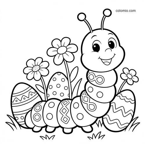 A cute smiling caterpillar in an Easter garden with flowers, grass, and decorated eggs in a simple cartoon style.