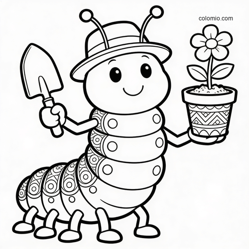 A cute cartoon caterpillar gardener wearing a hat, holding a shovel and a potted flower in a simple black-and-white outline.