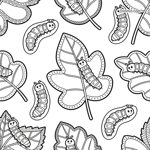 Black-and-white repeating pattern of cute smiling caterpillars on large outlined leaves in a simple cartoon style.
