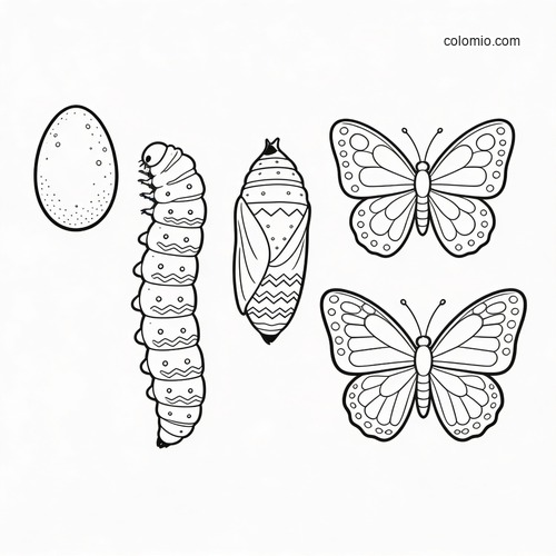 Black and white giant life cycle poster showing an egg, caterpillar, chrysalis, and two butterflies in a simple layout.