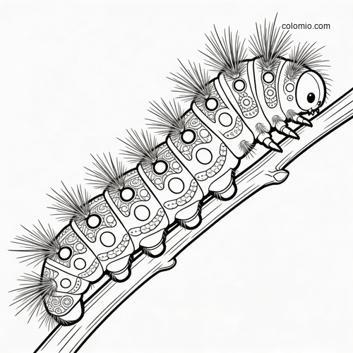 A detailed hairy caterpillar with fuzzy spines crawls along a curved branch in a black and white line drawing.
