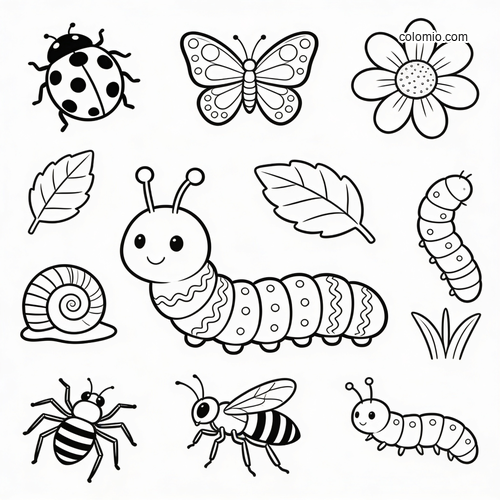 Black-and-white hidden objects garden bug scene with a smiling caterpillar, butterfly, ladybug, bee, spider, snail, leaves, and flower.