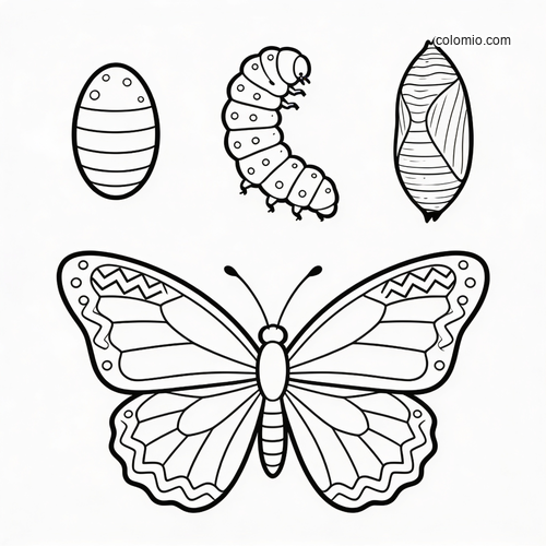 A simple butterfly metamorphosis chart showing egg, caterpillar, chrysalis, and adult butterfly in clean black outlines.