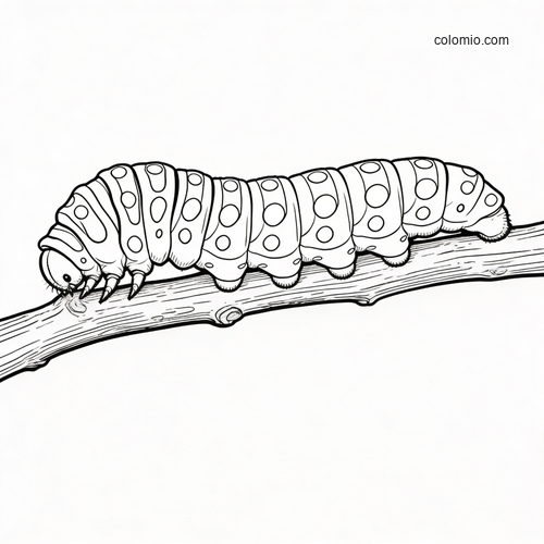 A realistic caterpillar with spotted body segments crawling along a tree branch in clean black-and-white line art.