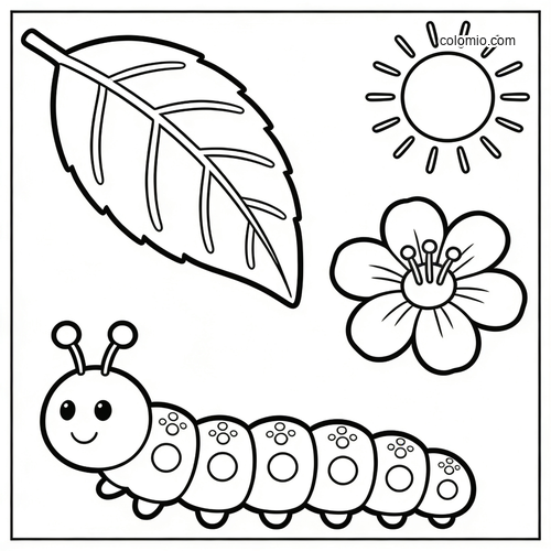A simple cartoon caterpillar with a smiling face, beside a large leaf, a flower, and a bright sun outline.