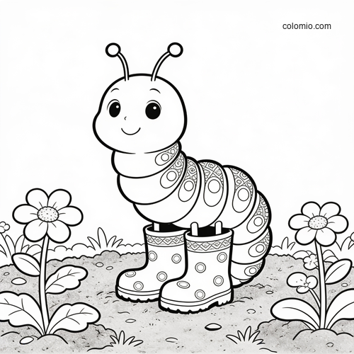 A cute cartoon caterpillar wearing rain boots stands on a garden path between flowers in a simple black-and-white outline.