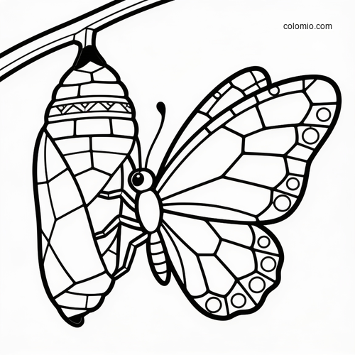 A stained glass style butterfly emerging from a chrysalis hanging on a branch, drawn with bold segmented outlines.