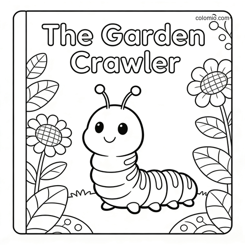 A cute smiling caterpillar on a storybook-style cover, framed by flowers and leafy plants in simple black outlines.