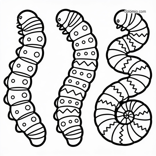 Black-and-white line art of three caterpillars standing in different poses, each with patterned body segments.