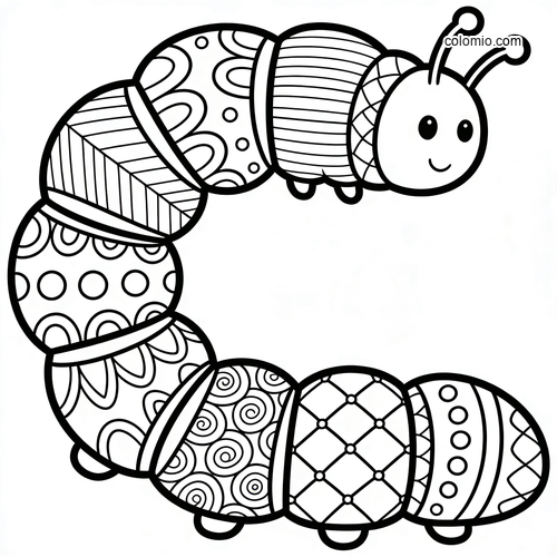 A cute caterpillar with patterned zentangle body segments, smiling face, and antennae in a simple black and white outline.